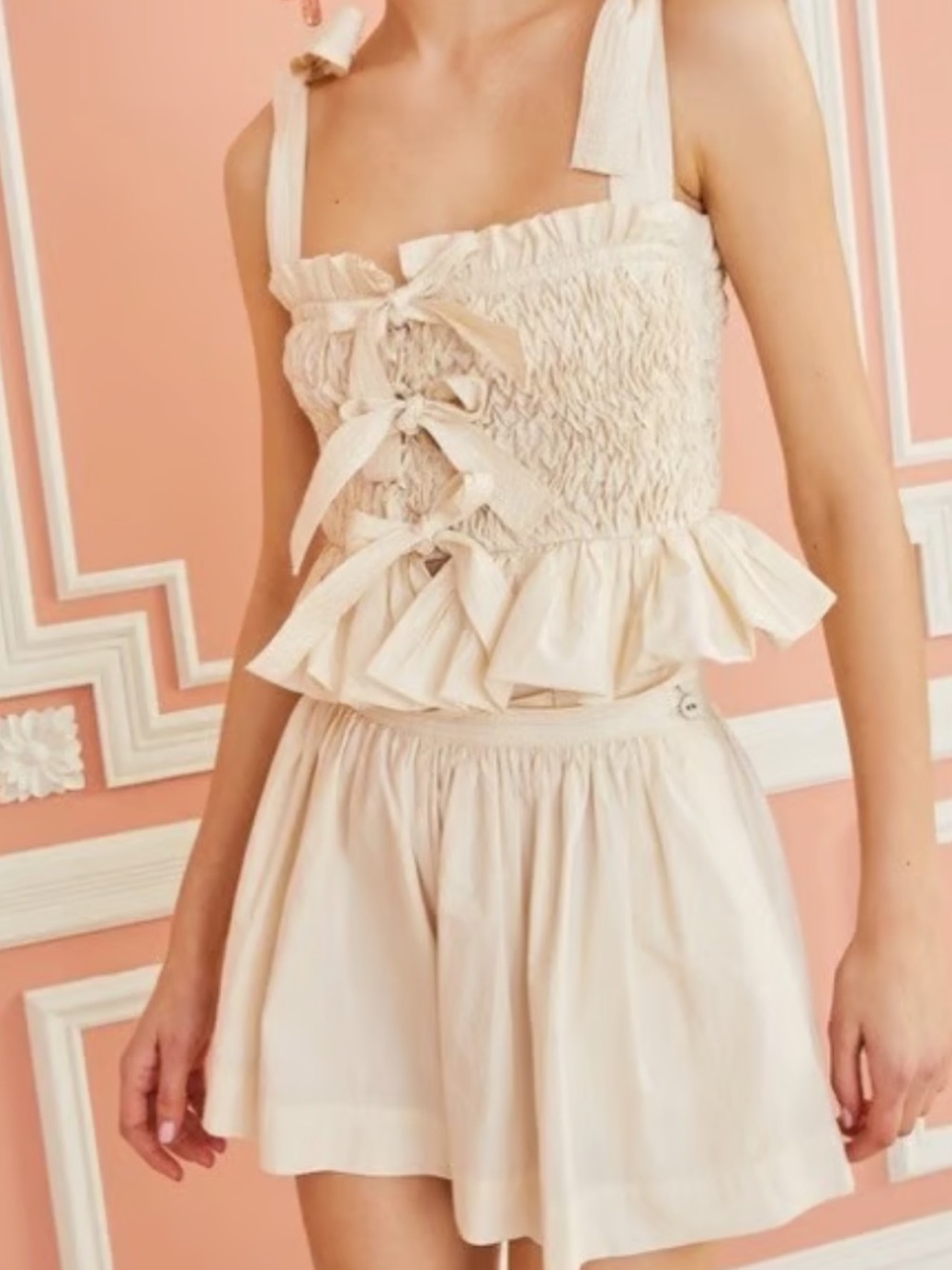 Ulla Johnson Cream Smocked Tie Top and Tie-Front Shorts